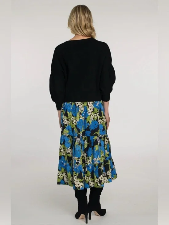 Elizabeth James The Label Surrey Blue Green Midi Skirt in Night Bloom - Picture 12 of 13
